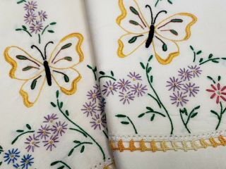 Vintage Pillowcases Hand Crocheted Lace Embroidered Floral Butterflies Yellow