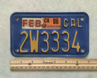 California Vintage Motorcycle Blue/yellow License Plate 2w3334 Feb 1986 Stickers