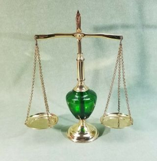 Vintage “scales Of Justice” 13 ½” Tall Green Glass And Gold Tone Metal