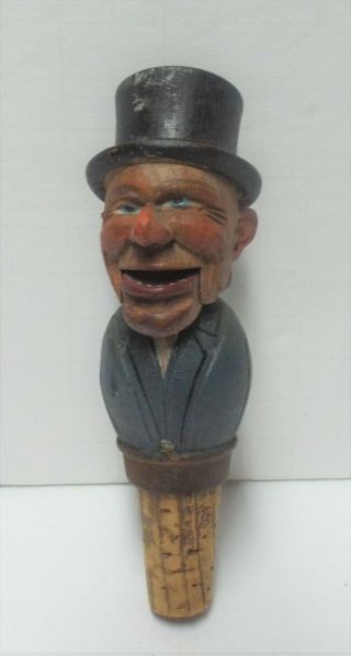 Vintage Carved Wood Figural Bottle Cork Stopper,  Mechanical Puppet Mouth