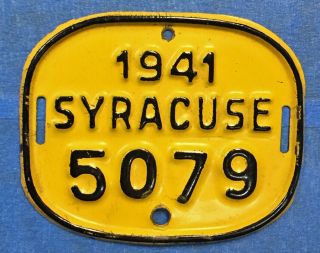 Vintage Syracuse Ny Bicycle License Plate 1941 Tag Licenses Bike
