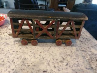 Vintage Folk Art Hand Crafted Wooden Train Cattle Car