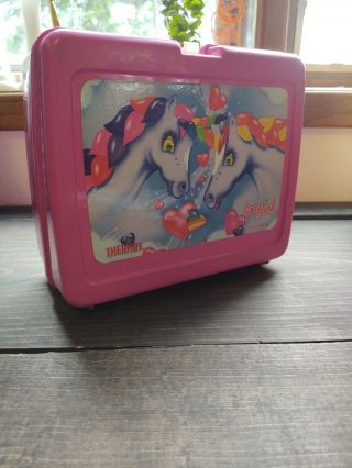 Lisa Frank Unicorn Horse Plastic Thermos Vtg Lunch Box Pail Hot Pink Usa 1980’s