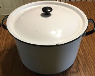 Vintage Large Porcelain Enamel Cooking Pot.  White With Black Trim.  With Lid.