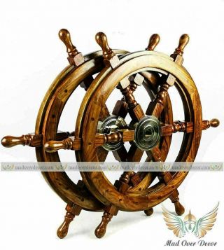 Antique 24 " Nautical Set Of 2 Wooden Ship Wheel Vintage Captain Pirate Gift Item