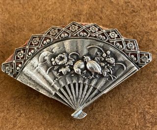 Antique Gorham Sterling Silver Pin Cushion Hand Fan Form W/ Bird And Flowers