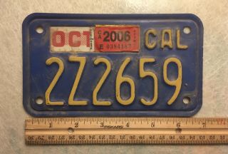 California Vintage Motorcycle Blue/yellow License Plate 2z2659 Oct 2006 Stickers