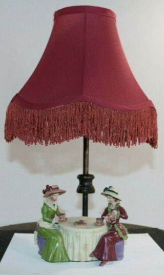 Antique Lamp With Victorian Figurines Having Tea And Cookies Shade
