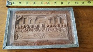 Very Unique Antique Relief Carved Wood " Last Supper " Plaque Framed W/writing