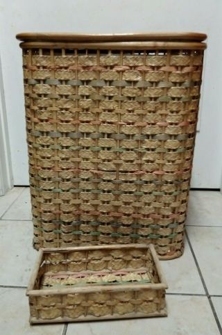 Vintage Wicker Laundry Hamper & Tissue Box Clothes Basket With Lid Lining