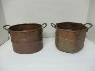 Two (2) Small Vintage Copper Planters W/ Brass Handles - Oval & Six Sided