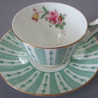 Vintage Crown Staffordshire Bone China Cup Saucer Green Stripes Flowers F 9403