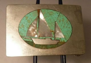 Vintage Sterling Silver Belt Buckle Hand Made Sail Boat Nautical Inlaid Shell