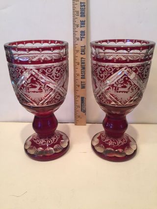 Antique 19th C Bohemian Ruby Red Cut To Clear 4 - Scene Goblets - 2 - Incredible