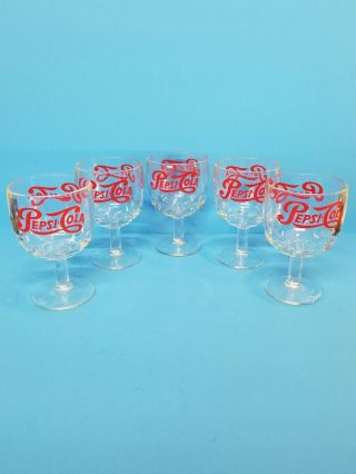 Set Of 5 Vintage Pepsi - Cola Pepsi Thumbprint Glass Goblet With Red Lettering