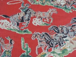 Vintage Bark Cloth Era Fabric Cowboys & Indians