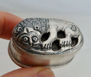 Vintage Antique Crouching Lion Sterling Silver Pill Box - 80323