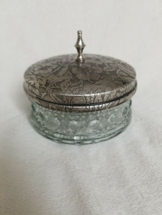 Vintage Powder Jar,  Trinket,  Jewelry Box Glass W/ Silver Tone Lid