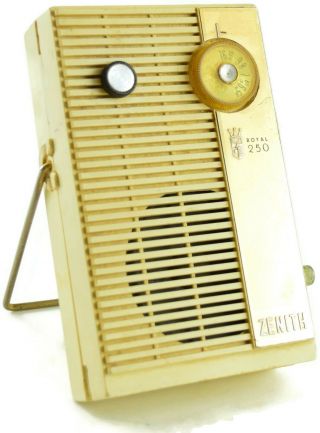Vintage Am Transistor Radio - Zenith Royal 250 Tan Color With Stand
