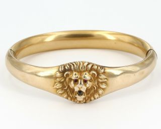 Antique Art Nouveau Gold - Filled Lion Head Hinged Bangle Bracelet Wolcott Mfg Co