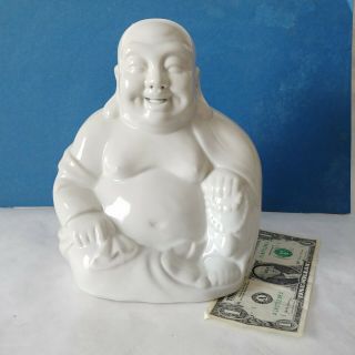 Large Vintage Happy Buddha Statue Figurine White Ceramic Good Luck & Fortune 8 "