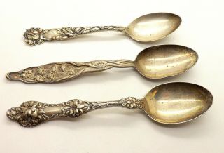 3 Fine Antique Sterling Silver Repousse Spoons