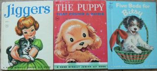 3 Vintage Rand Mcnally Jr Elf Books Jiggers,  Five Beds For Bitsy,  The Puppy