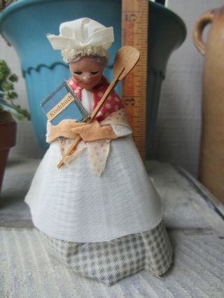 Vintage Dollhouse Miniature Handmade 4 " Baker Cook Lady Doll Crochet Fabric Felt
