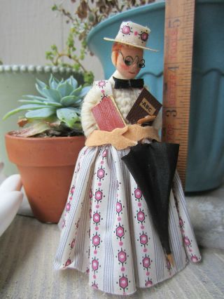 Vintage Dollhouse Miniature Handmade 4.  5 " Teacher Lady Doll Crochet Fabric Felt