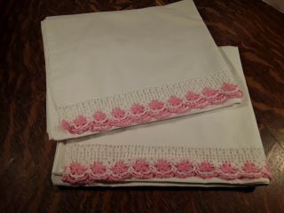Pillowcases Pink & White Crochet Trim Set Of 2 Fit Standard Pillows Vintage