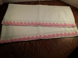Pillowcases Pink & White Crochet Trim set of 2 fit Standard pillows vintage 3