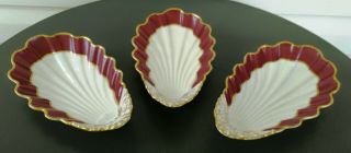 3 Antique Old Paris Porcelain Shell Dishes French Empire 19th C.  Puce Signed