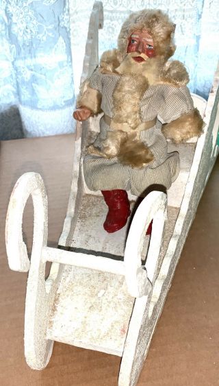 Antique Santa Claus Figurine Doll & Vintage Wood Christmas Sleigh - Germany?