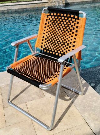 Vintage Aluminum Orange Black Macrame Folding Lawn Chair Pool Patio Beach Camp