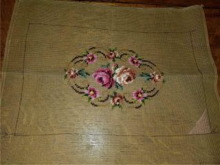 Vtg 16x20 Pre - Worked Needlepoint Canvas Floral Oval Pink Brown Shabby Cottage