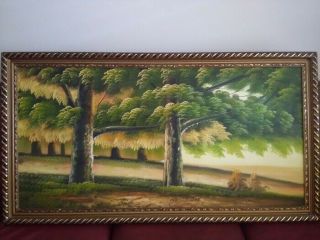 Large Vintage Oil On Canvas Framed Landscape Scene 55x28