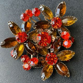 Vintage Amber Orange Red Rhinestone Marquise Flower Brooch Pin Pretty 575
