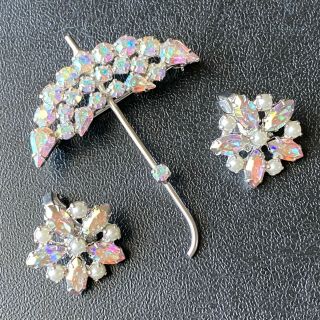 Signed B.  David Vintage Ab Crystal Rhinestone Umbrella Brooch Earrings Set 672