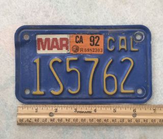 California Vintage Motorcycle Blue/yellow License Plate 1s5762 Mar 1992 Stickers