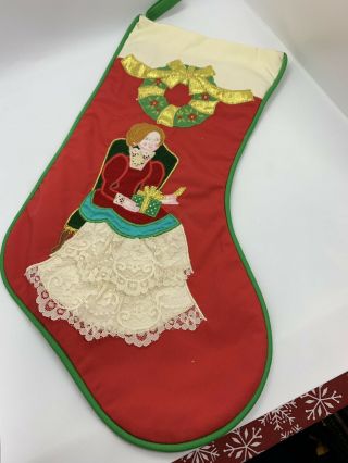 Vintage House Of Hatten Applique Christmas Stocking Victorian Lady With Presents