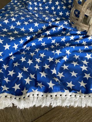 Vintage Handmade Blue Printed Cotton Tablecloth With White Stars And Fringe