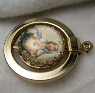 Vintage Sacred Heart Bubble Spinner Charm Necklace Pendant Jesus Virgin Mary