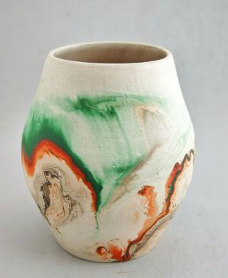 Vintage Nemadji Pottery Vase With Colored Clay Swirls Green And Orange 5 "