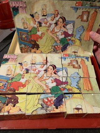 Vintage 6 Sided German Wooden Block Puzzle With Case Fairy Tales 24 Blocks.