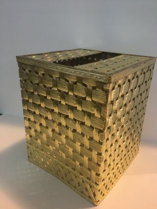 Vintage Hollywood Regency Gold Tone Metal Tissue Box Holder Basket Weave Vanity