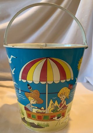 Vintage Chein Sand Pail With Busy Beach Scene