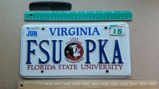 License Plate,  Virginia Fsu Florida State University 1993 National Champions Pka