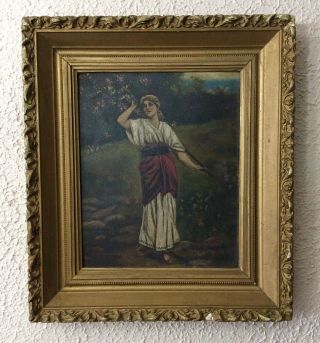 Antique 19th C.  Oil Painting Portrait Woman In A Landscape European Art Framed
