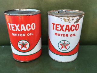 Vintage Set Of 2 Texaco One Quart Metal Motor Oil Cans Can Gas Station