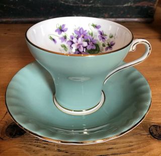 Vintage Aynsley England China Tea Cup & Saucer Sea Foam Blue Purple Flowers